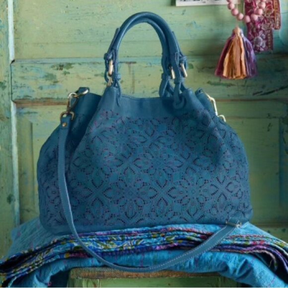 Sundance Medeira Blue Laser Cut Leather Shoulder Bag Satchel Double Top Handle - Picture 5 of 8